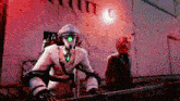 a robot with a green eye is standing next to a man in a suit ..