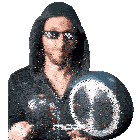 a man wearing a hoodie and sunglasses is holding a pan and a spoon and the word mcah is on the bottom right