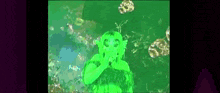 a green alien with many eyes is holding a microphone in front of a green background .