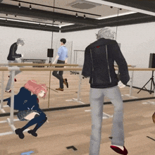 a group of people are dancing in a room with a mirror