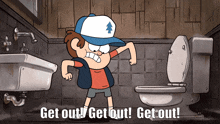 a cartoon of dipper from gravity falls standing next to a toilet