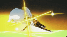 a man in a yellow and black suit is laying on the ground