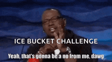 a man wearing glasses is giving a speech about the ice bucket challenge