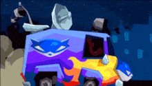 a colorful cartoon van with a blue cat on the side