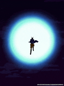 a silhouette of a person standing in front of a blue light with chinese writing underneath