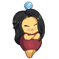a cartoon drawing of a woman with her arms crossed and a blue coin on her head