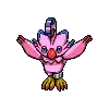 a pixel art drawing of a pink bird with a red beak and yellow feet .