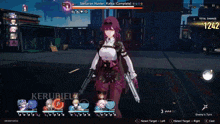 a screenshot of a video game shows a female character holding two guns