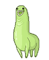 a pixel art drawing of a green llama with a big mouth .