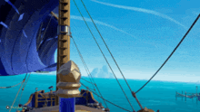 a screenshot of a video game shows a blue sailboat in the ocean with the word pirate on the bottom right