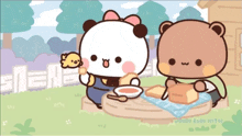 a cartoon of two bears sitting at a table