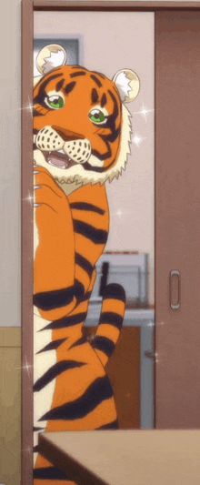 a cartoon of a tiger standing in a doorway
