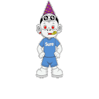 a cartoon monkey wearing a party hat and sunglasses is wearing a blue shirt that says sure