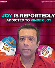 a man in a red shirt is next to a kinder joy