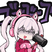 a cartoon of a girl wearing headphones and holding a large hammer
