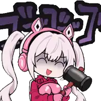 a cartoon of a girl wearing headphones and holding a large hammer
