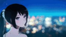a girl with a ponytail is looking at a blurry cityscape