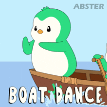 a cartoon of a penguin in a boat with the word boat dance below it