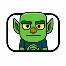 a cartoon illustration of a green goblin with a blue shirt and a circle around his neck .