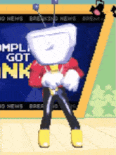 a cartoon character standing in front of a sign that says ' breaking news '