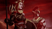 a woman holding a spear and a man holding a shield are standing next to each other