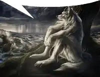 a wolf is sitting under a tree near the ocean