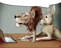 a cartoon of a lion and a rabbit using a laptop computer