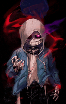 a drawing of a skeleton wearing a hooded jacket with red eyes