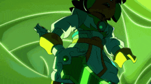 a cartoon character is standing in front of a green glowing background
