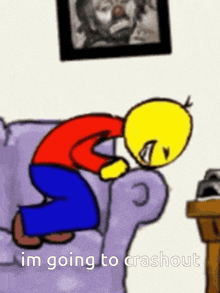 a cartoon character is kneeling on a couch with the words i 'm going to crashout written below him .