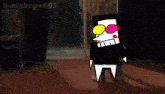 a cartoon character is standing in a room with a red carpet and a window .