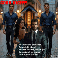 a man in a suit and tie is standing next to a woman in a green dress on a picture that says good night