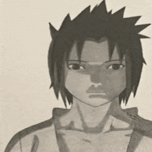 a black and white drawing of a young boy with spiky hair