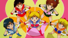 a group of anime characters are standing in a circle
