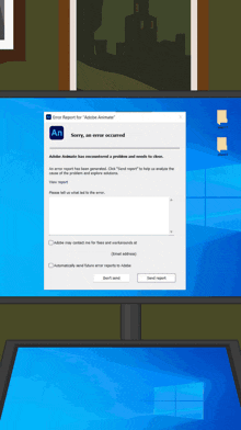 an error report for adobe animater is displayed on a computer screen