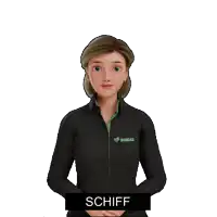 a cartoon woman wearing a black shirt that says simax schiff