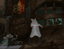 a sign that says last of the rats is next to a rat