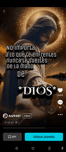 a picture of jesus holding someone 's hand with the words " dios " on the bottom