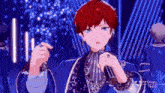 a man with red hair is singing into a microphone in a video game .