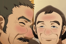 a man with a beard is looking at another man with a red cheek