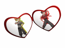 a pair of red heart shaped glasses with two anime characters in them