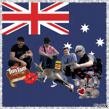 a picture of a group of people with a kangaroo and a sign that says tim tam on it