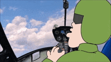 a cartoon of a man in a green helmet looking out the window of a plane