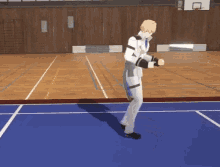 a cartoon character is dancing on a blue court