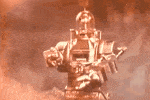 a robot is standing in a dark room with smoke coming out of it .