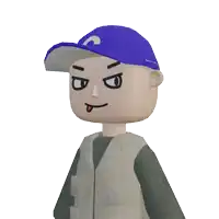 a cartoon character wearing a blue hat with the letter c on it is sticking out his tongue
