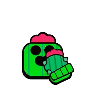 a cartoon of a green cactus with a red head and stars coming out of it 's mouth .