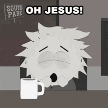 a cartoon character from south park is sitting at a table with a cup of coffee