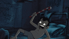 a shirtless cartoon character holding a candy cane