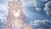 a girl with long hair is standing in front of a blue sky with clouds